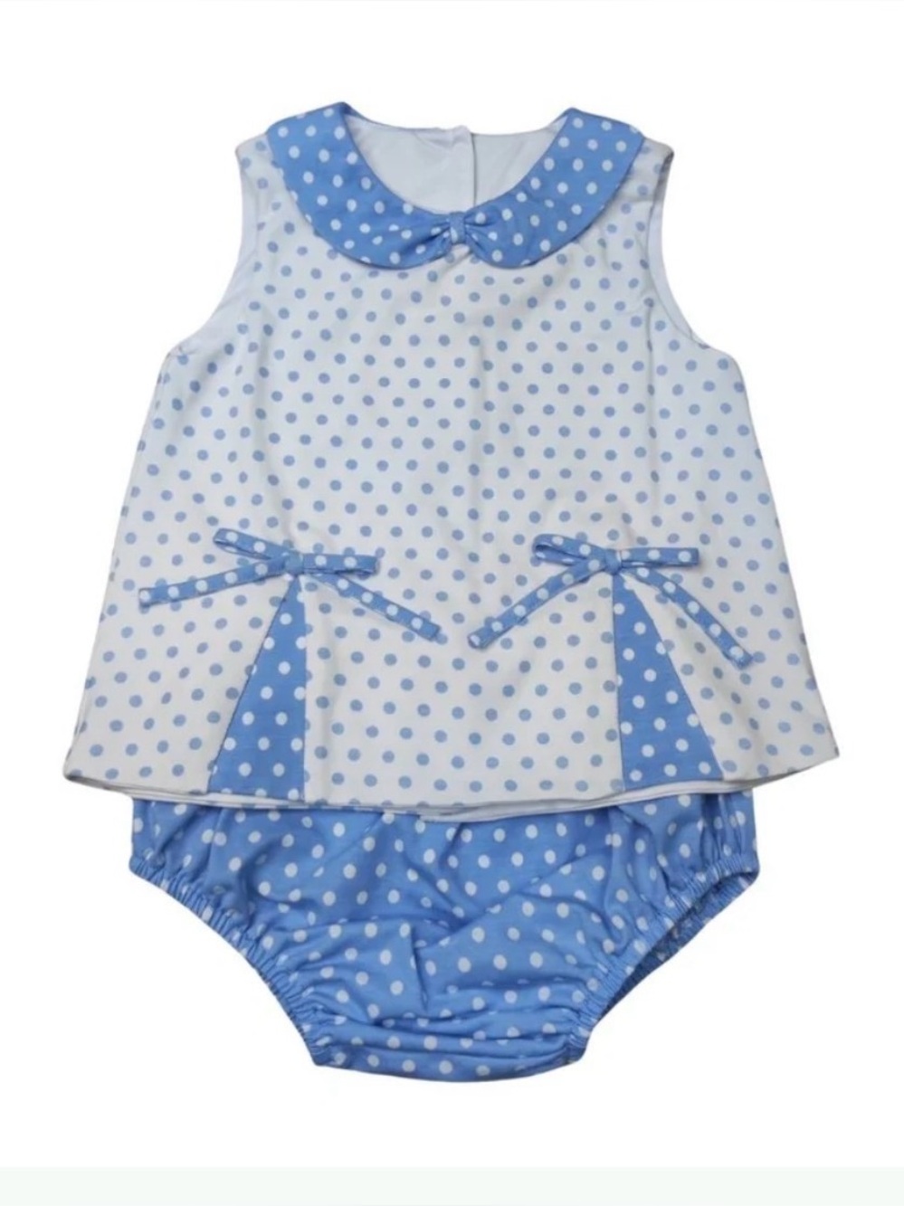 Delaney - pleat front bloomer set - polka dot blues - Sz 6m